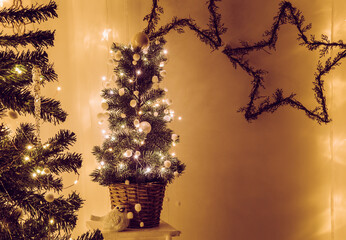 Cute potted Christmas tree decorated with wire micro led lights and small white decorative balls...