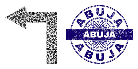 Geometric mosaic turn left, and Abuja corroded seal print. Violet stamp contains Abuja caption inside circle shape. Vector turn left mosaic is done of scattered circle, triangle, square dots.