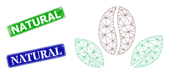 Polygonal natural coffee image, and Natural blue and green rectangle dirty watermarks. Polygonal wireframe image created from natural coffee pictogram.