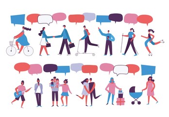 Naklejka premium Social Network Template. Group of Young People Characters Chatting and speaking. Virtual Communication Concept. Vector illustration