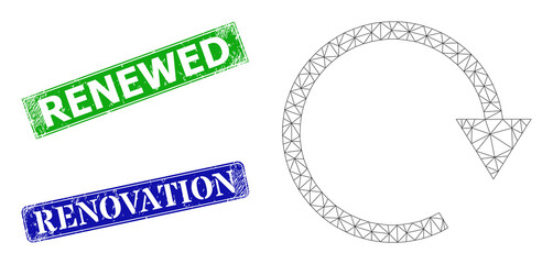 Polygonal rotate right model, and Renewed blue and green rectangle corroded stamp seals. Polygonal wireframe symbol is designed with rotate right icon.