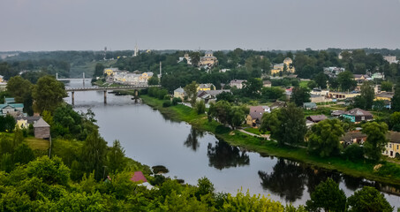Fototapeta na wymiar the ancient small town of Torzhok in central Russia. View of the river and ancient temples
