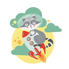 Cute cartoon raccoon flying to the moon - vector illustration