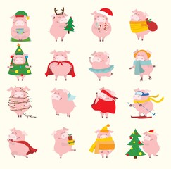 Cute Christmas piggies collection. Vector illustration of funny cartoon pigs in different costumes, such as Elf, Santa and Rudolph. Isolated on white.