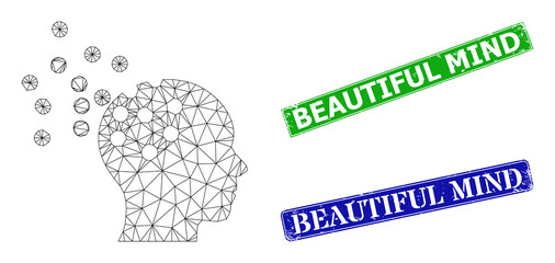 Polygonal intellect synthesis image, and Beautiful Mind blue and green rectangular corroded seal prints. Polygonal wireframe image is based on intellect synthesis icon.