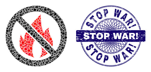 Geometric mosaic stop fire, and Stop War! corroded stamp seal. Violet stamp seal has Stop War! tag inside round shape. Vector stop fire mosaic is organized with scattered round, triangle,