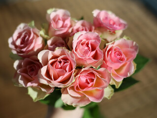 A bouquet of pink roses photographed from above.