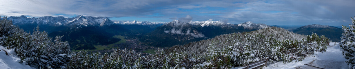 Panorama view from moutain Wank to alps with snow
