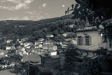 Traditional old village houses of Sirince Village, Izmir, Turkey. Black and white photo.