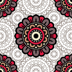 Abstract seamless backdrop. Design for prints, textile, decor, fabric. Round colorful texture in red and beige colors. Mandala background