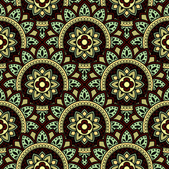 Vector seamless background. Round texture. Endless hand-drawn colorful pattern. Use for wallpaper, textile, book cover, clothes. Make in green and yellow colors