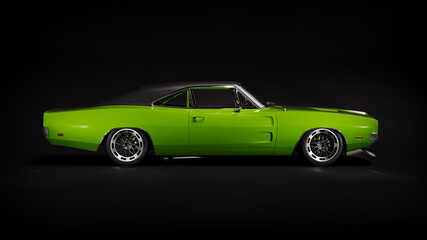 Green muscle car in studio 3D rendering