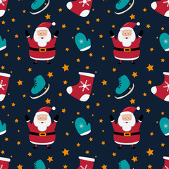 Christmas seamless pattern with snowman, Santa Claus and socks and skates on blue background