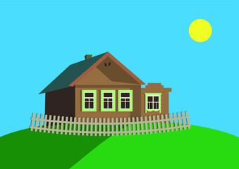 A village house at a green hill illustration 