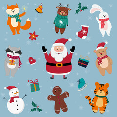 Christmas set with Santa Claus and cute animals. Tiger, bear, deer, rabbit, fox, racoon, snowman