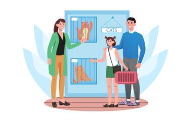 Cattery for cats. Girl, together with her father and mother, takes her pet in cage. Caring for animals, treatment. Happy family. Cartoon flat vector illustration isolated on white background