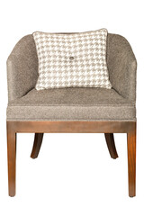 Armchair upholstered in gray-brown textile fabric with white quilted cushion. Isolated on white background.