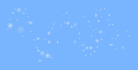 White delicate openwork snowflakes are scattered on a blue background. Festive background, postcard design, wallpaper