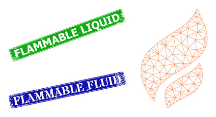 Net flame image, and Flammable Liquid blue and green rectangular grunge stamp seals. Polygonal wireframe image based on flame icon. Stamp seals have Flammable Liquid tag inside rectangle shape.