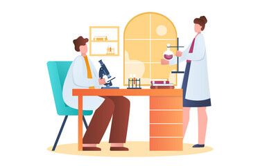 Man and woman work in lab. Research with microscope, particle interaction. Scientific experiment, biotechnology experiment website. Cartoon flat vector illustration isolated on white background
