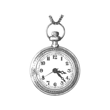 Old pocket watch with chain, vector illustration.