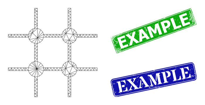 Network incomplete grid structure image, and Example blue and green rectangular rubber seal imitations. Polygonal wireframe image created from incomplete grid structure icon.