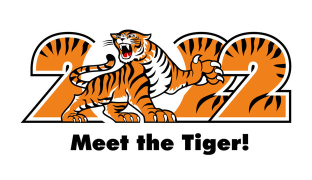 Striped tiger with numbers 2022. Happy new year 2022 of tiger. Template for poster, brochure, banner, invitation card. Vector on transparent background.