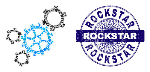 Obraz premium Geometric collage mechanism, and Rockstar corroded stamp seal. Violet stamp has Rockstar tag inside circle shape. Vector mechanism mosaic is constructed from different circle, triangle, square parts.