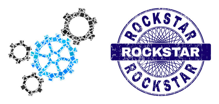 Geometric collage mechanism, and Rockstar corroded stamp seal. Violet stamp has Rockstar tag inside circle shape. Vector mechanism mosaic is constructed from different circle, triangle, square parts.