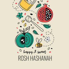 Rosh hashanah celebrational postcard on pastel background. Jewish traditional new year celebration with festive greeting cards. Colorful elements with pomegranate. Flat cartoon vector illustration