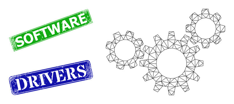Polygonal gear mechanism model, and Software blue and green rectangular grunge stamp seals. Polygonal carcass image based on gear mechanism pictogram.