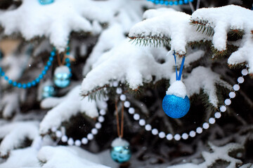 snow tree decorated with toys for christmas and new year - Image