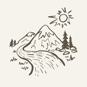 mountains river sun sketch nature scene clip art preview