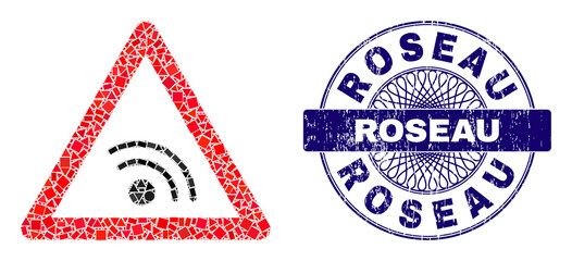 Geometric mosaic WiFi warning, and Roseau corroded stamp. Blue stamp seal has Roseau title inside round form. Vector WiFi warning mosaic is formed from random round, triangle, rectangular items.