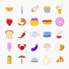 Food and Cooking colored icon set. Flat Vector illustration line icons set for mobile, web and menu design. Food concept