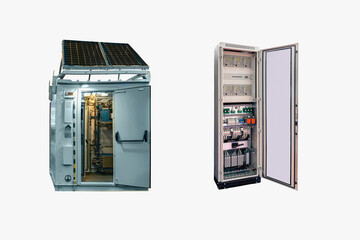 Electrical control cabinets with open door isolated on a white background