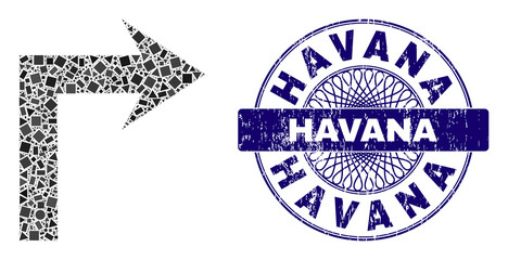 Geometric mosaic turn right, and Havana rubber stamp. Blue stamp seal has Havana tag inside round form. Vector turn right mosaic is formed from scattered round, triangle, rectangle parts.