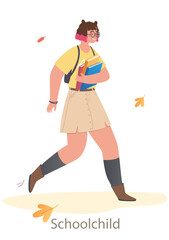 Young cute dressed girl is going to school and holding school books. Concept of students and little children holding books while going back to school in autumn. Flat cartoon vector illustration