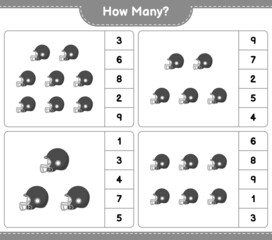 Counting game, how many Football Helmet. Educational children game, printable worksheet, vector illustration