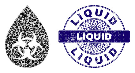 Geometric mosaic toxic liquid drop, and Liquid grunge stamp seal. Violet stamp seal contains Liquid text inside circle form. Vector toxic liquid drop mosaic is formed with different circle, triangle,