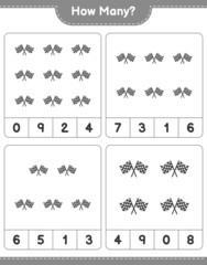 Counting game, how many Racing Flags. Educational children game, printable worksheet, vector illustration