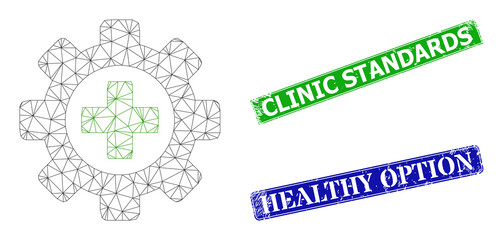 Polygonal medical industry image, and Clinic Standards blue and green rectangle dirty stamp seals. Mesh wireframe image is created from medical industry pictogram.