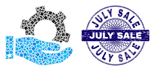 Geometric mosaic service, and July Sale textured stamp seal. Blue stamp seal contains July Sale caption inside circle form. Vector service mosaic is created with random round, triangle, square items.