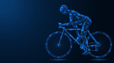 Fototapeta na wymiar Cyclist. A man riding a bicycle. Polygonal construction of interconnected lines and points. Blue background.