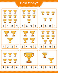 Counting game, how many Trophy. Educational children game, printable worksheet, vector illustration
