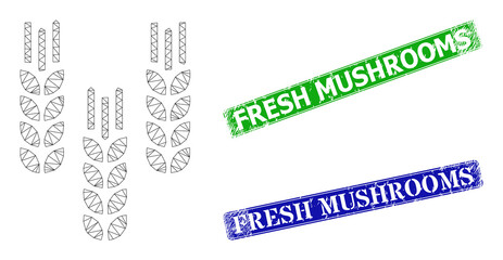 Network barley crop model, and Fresh Mushrooms blue and green rectangle unclean stamp seals. Mesh carcass symbol created from barley crop icon.