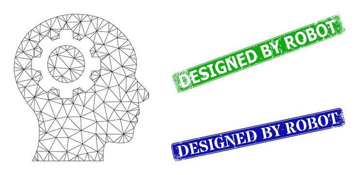 Mesh brain gear model, and Designed by Robot blue and green rectangle unclean seal imitations. Mesh wireframe image is designed with brain gear icon.