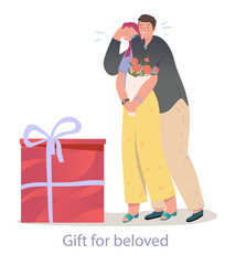 Young man is surprising his girlfriend with a gift. Romantic couple is having fun date together. Concept of people giving and receiving presents. Flat cartoon vector illustration