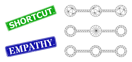Net link lines with nodes model, and Shortcut blue and green rectangle textured stamp seals. Mesh wireframe symbol designed with link lines with nodes icon.