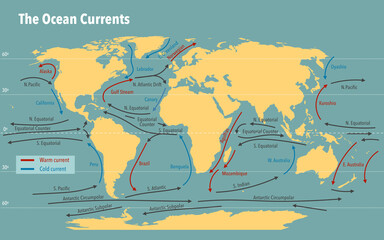 Modern map of the ocean currents around the earth - obrazy, fototapety, plakaty